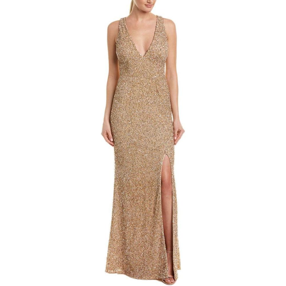 image:imageAidan Mattox Womens Sleeveless Beaded V Neck GownLight Gold