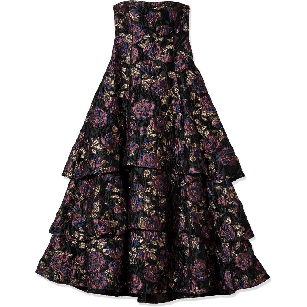 image:imageAidan Mattox Womens Strapless Clipped Jacquard Long GownBlackMulti