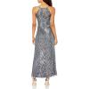 Aidan Mattox Womens Beaded Gown with Train and Spaghetti Straps(Gunmetal)