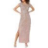 Aidan Mattox Womens Short Sleeve Beaded Illusion Yoke Column Gown(Taupe)