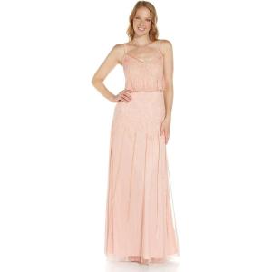 Adrianna Papell Womens Beaded Blouson Gown with Spaghetti Straps(Blush)
