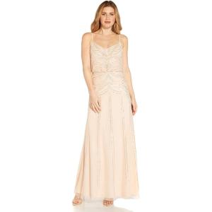 Adrianna Papell Womens Beaded Blouson Gown with Spaghetti Straps(Flaxen)