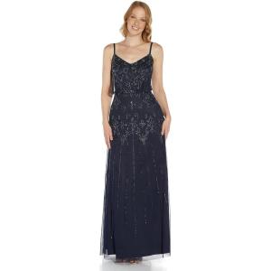 Adrianna Papell Womens Beaded Blouson Gown with Spaghetti Straps(Navy)