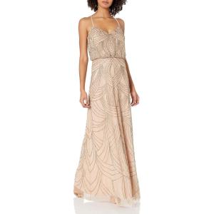 Adrianna Papell Womens Beaded Blouson Gown with Spaghetti Straps(Taupe/Pink)