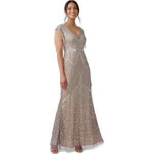 Adrianna Papell Womens Beaded Gown with Fringe(Sterling/Nude)