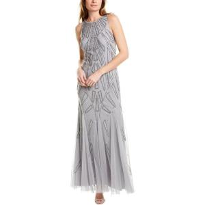 Adrianna Papell Women’s Beaded Halter Gown, Silver Mist, 4