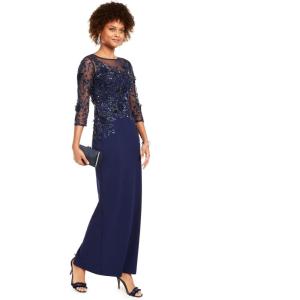 Adrianna Papell Womens Beaded Illusion Column Gown(Light Navy)