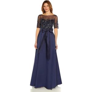 Adrianna Papell Womens Beaded Mesh and Taffeta Gown(Navy)
