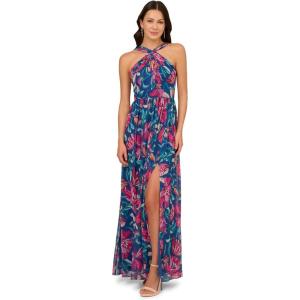 Adrianna Papell Womens Printed Chiffon Halter Gown(Navy/Multi)