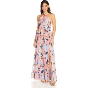 Adrianna Papell Womens Printed Chiffon Halter Gown(Opal/Coral Multi)