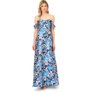Aidan Mattox Womens Off The Shoulder Jacquard Gown(Blue Multi)