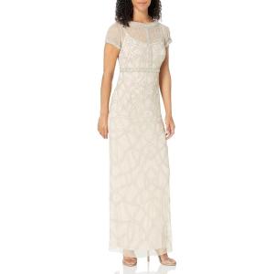 Aidan Mattox Women’s Short Sleeve Beaded Illusion Gown(Champagne)