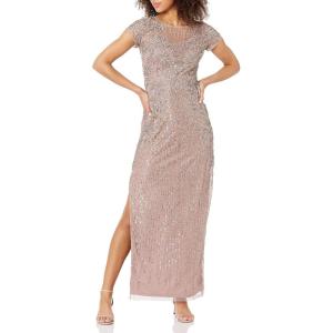 Aidan Mattox Womens Short Sleeve Beaded Illusion Yoke Column Gown(Taupe)