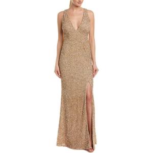 Aidan Mattox Womens Sleeveless Beaded V Neck Gown(Light Gold)