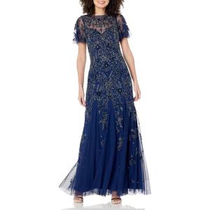 Women’s Flutter Sleeve Beaded Gown(Navy)