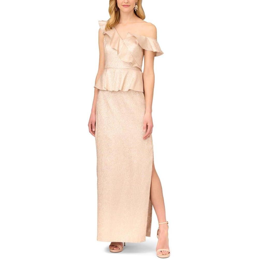 image:imageWomens Lame Column Gown with RufflesTaupe
