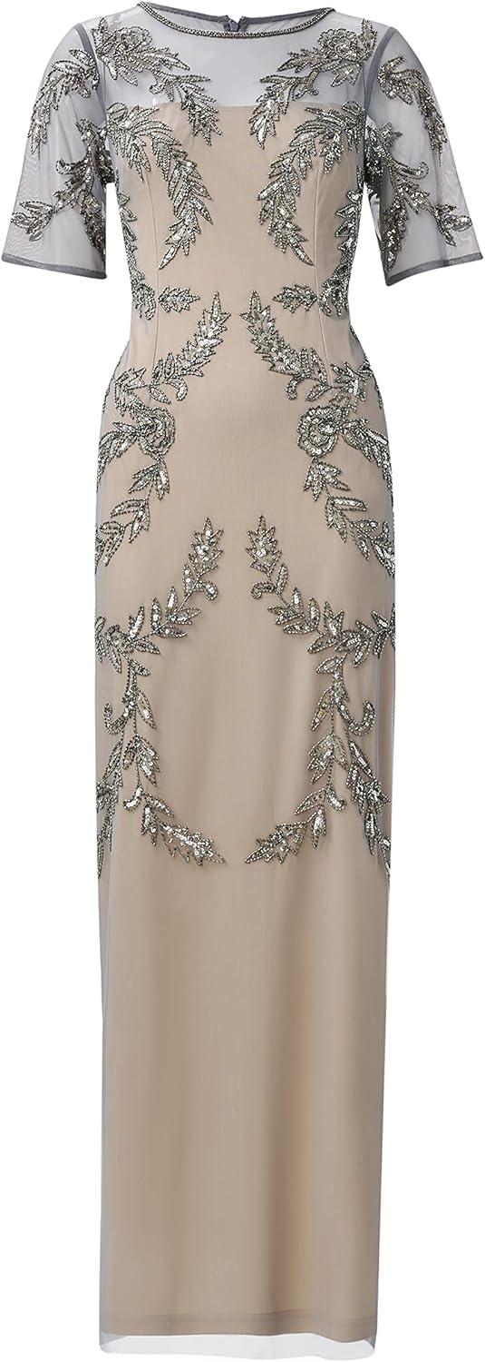 image:imageAdrianna Papell Womens Beaded Elbow Sleeve Gown Plus SizeSterlingNude