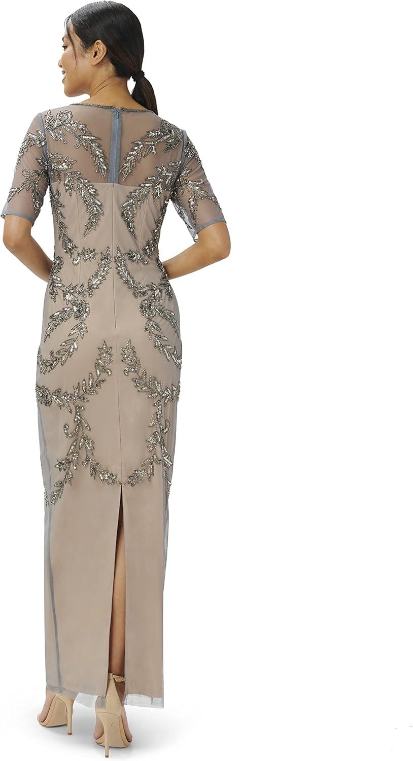 image:imageAdrianna Papell Womens Beaded Elbow Sleeve Gown Plus SizeSterlingNude