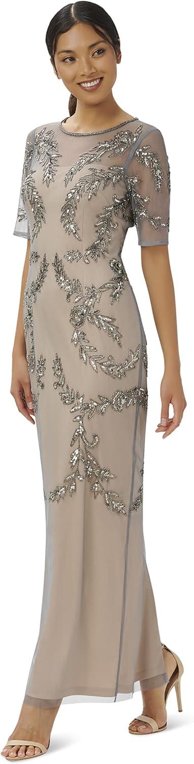 image:imageAdrianna Papell Womens Beaded Elbow Sleeve Gown Plus SizeSterlingNude