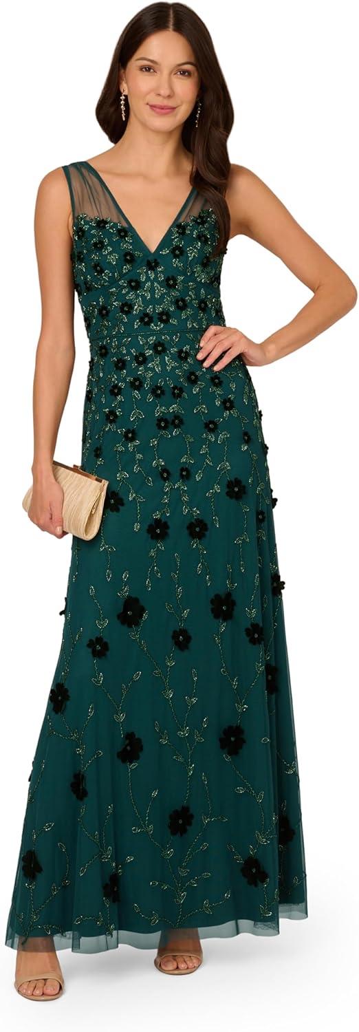 image:imageAdrianna Papell Womens Beaded Mesh Illusion DressGem Green