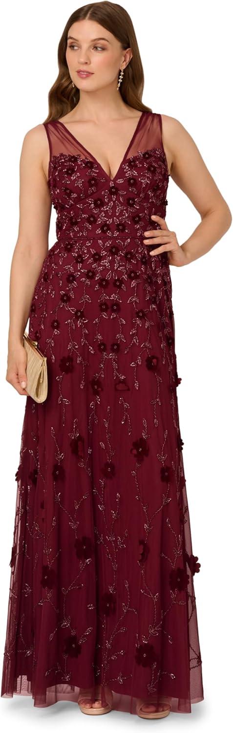 image:imageAdrianna Papell Womens Beaded Mesh Illusion DressMahogany