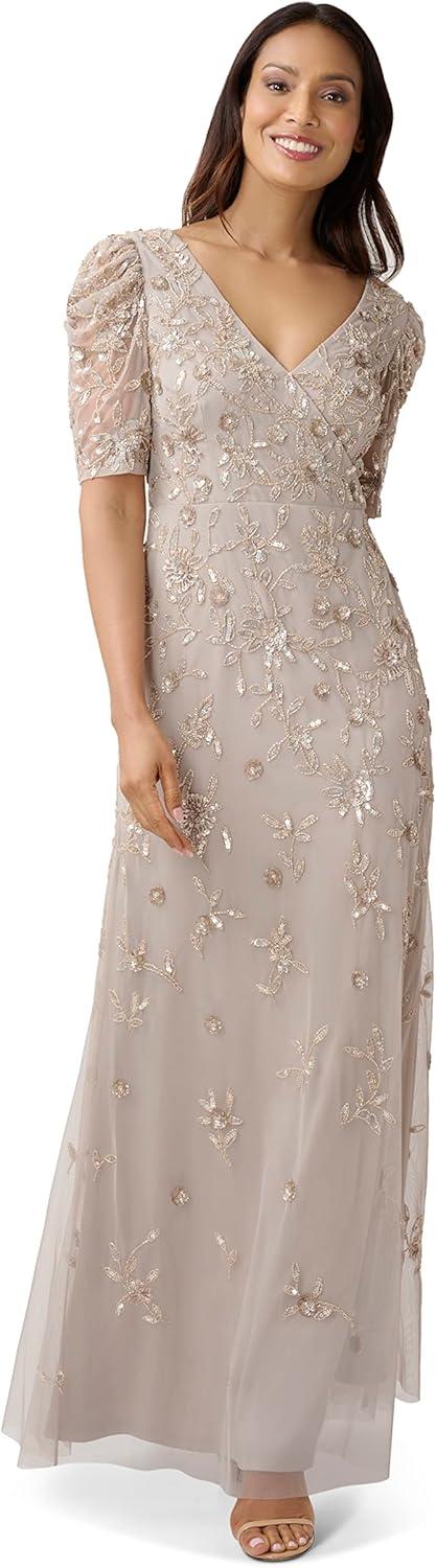 image:imageAdrianna Papell Womens Beaded Surplice GownMarble