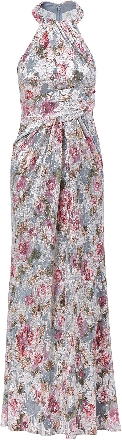 image:imageAdrianna Papell Womens Foiled Mesh Draped GownSilver Multi