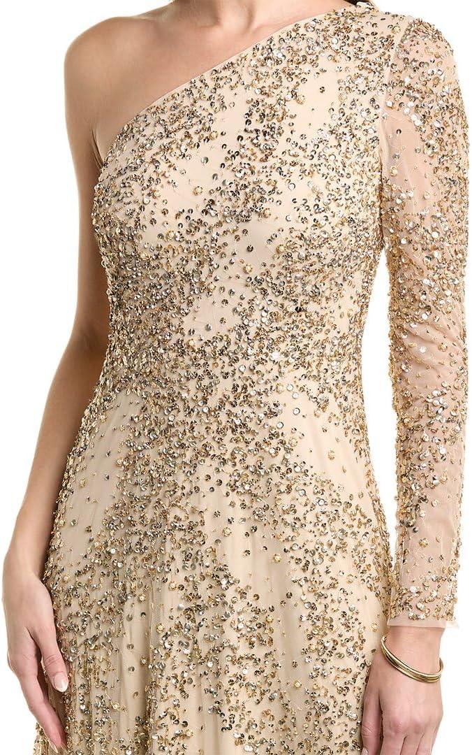 image:imageAidan Mattox by Adrianna Papell Womens Beaded One Shoulder Gown Light Gold