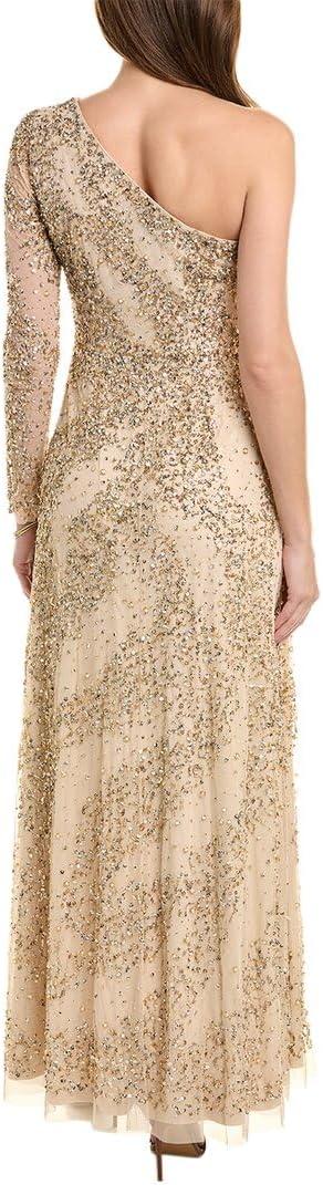 image:imageAidan Mattox by Adrianna Papell Womens Beaded One Shoulder Gown Light Gold