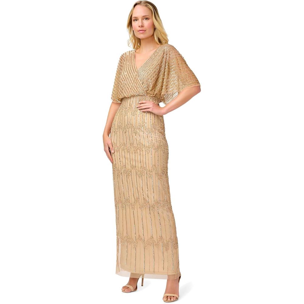 image:imageAdrianna Papell Womens Beaded Surplice GownChampagne Gold