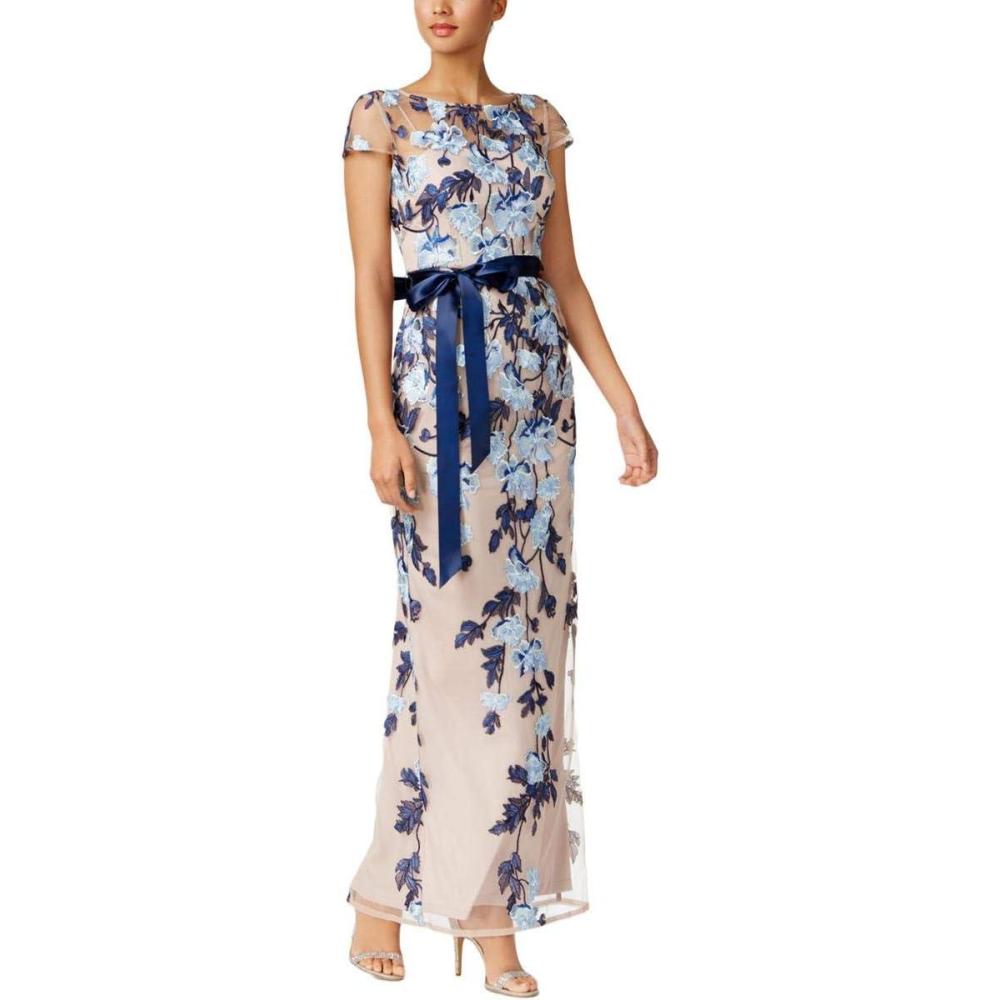 image:imageAdrianna Papell Womens Cascading Floral Column Gown Floor Length Elegant Evening Gown with Satin Ribbon Tie amp Cap Sleeves Midnight MultiNude 16