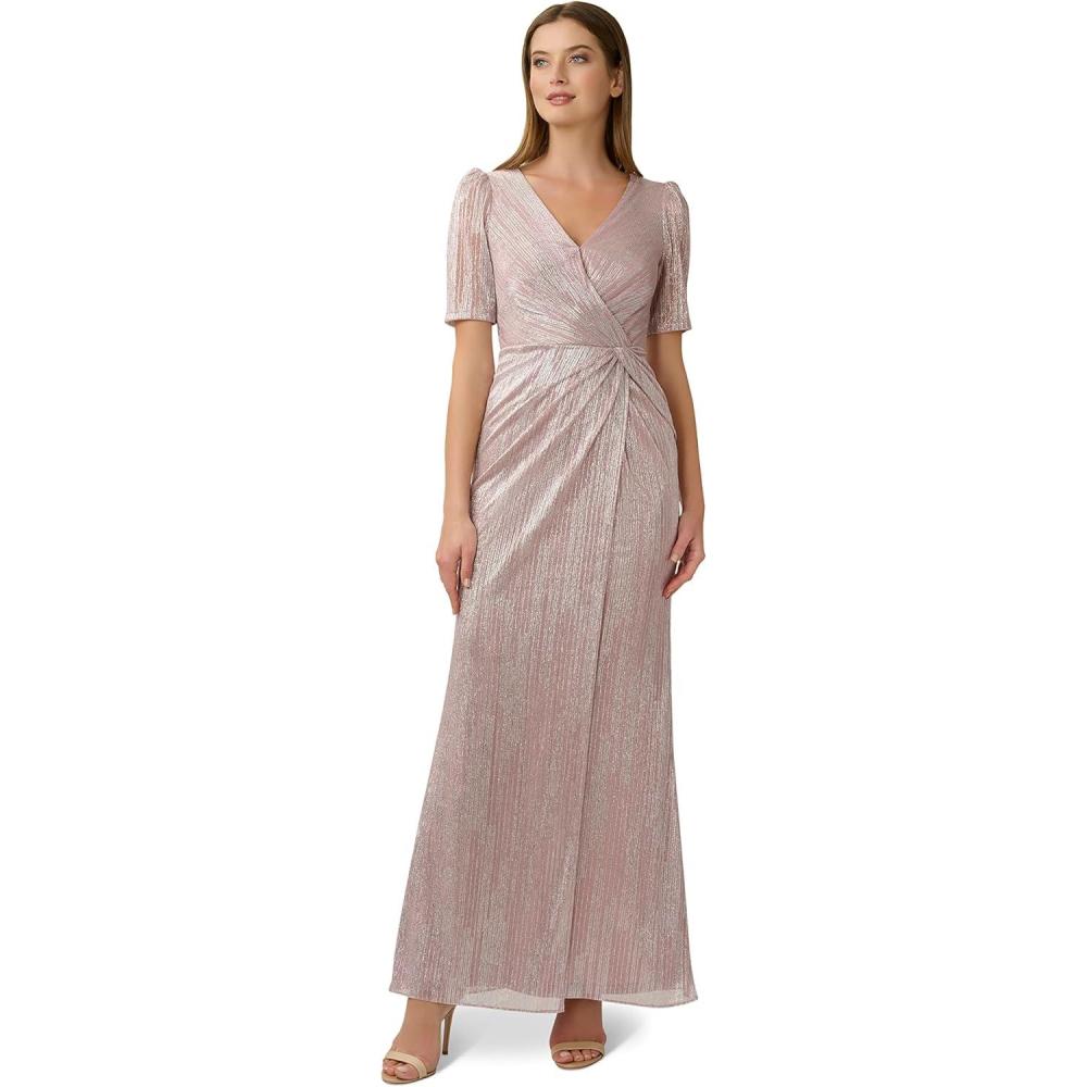 image:imageAdrianna Papell Womens Foiled Mesh Draped GownBlush