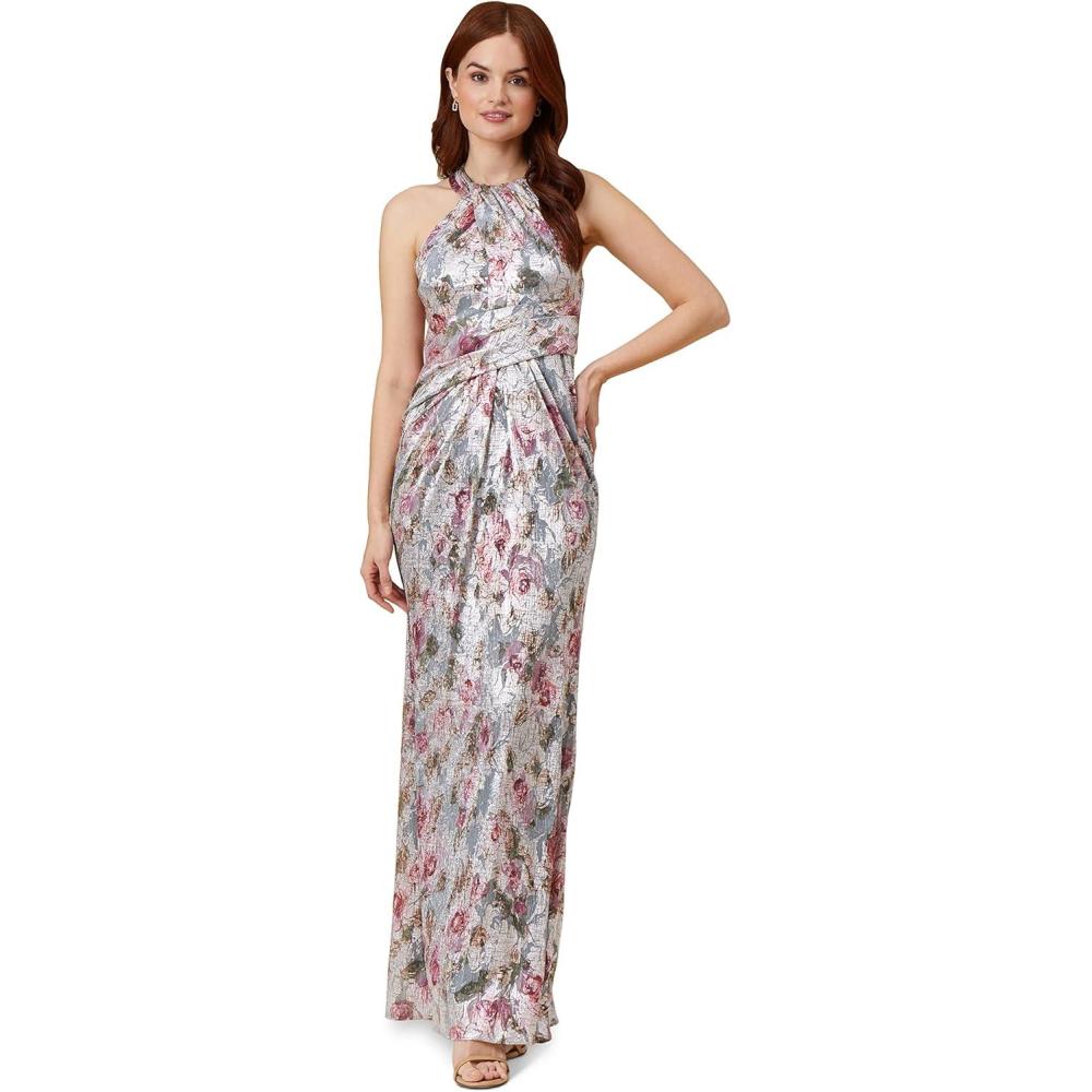 image:imageAdrianna Papell Womens Foiled Mesh Draped GownSilver Multi
