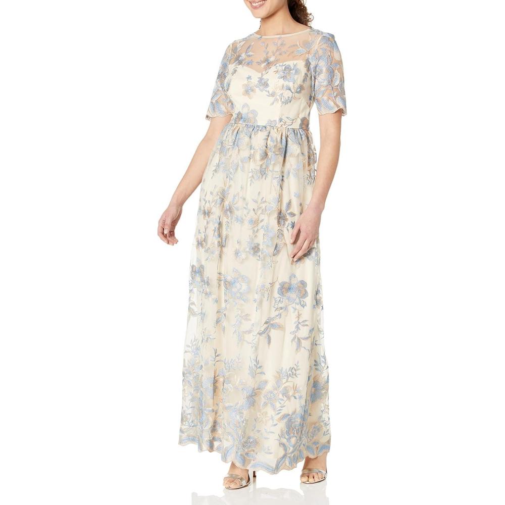 image:imageAdrianna Papell Womens Long Illusion Emb Mesh GownThundercloudGold