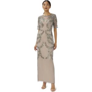 Adrianna Papell Women’s Beaded Elbow Sleeve Gown Plus Size(Sterling/Nude)