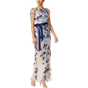Adrianna Papell Women’s Cascading Floral Column Gown | Floor Length Elegant Evening Gown with Satin Ribbon Tie & Cap Sleeves, Midnight Multi/Nude, 16