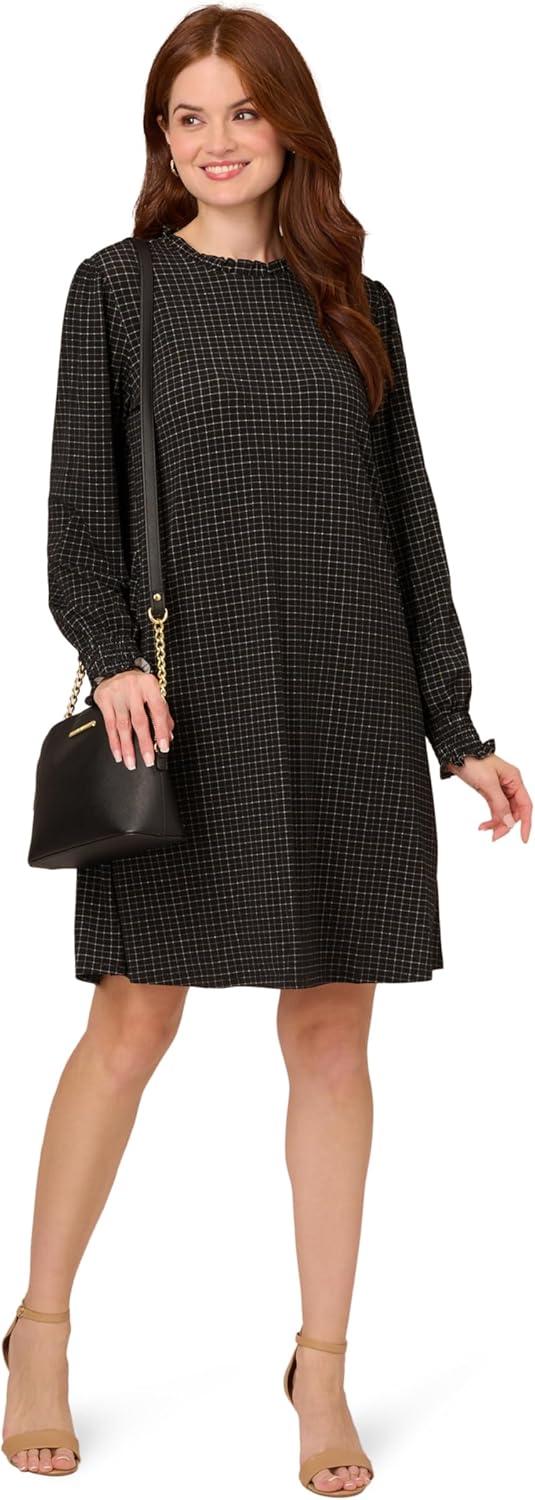 image:imageAdrianna Papell Womens Printed Ruffle Neck Knit DressBlack