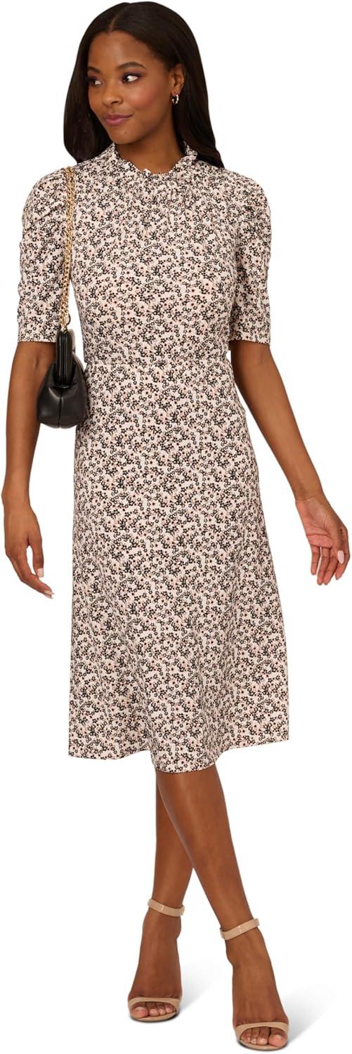 image:imageAdrianna Papell Womens Ruffle Neck Short Sleeve DressBlack