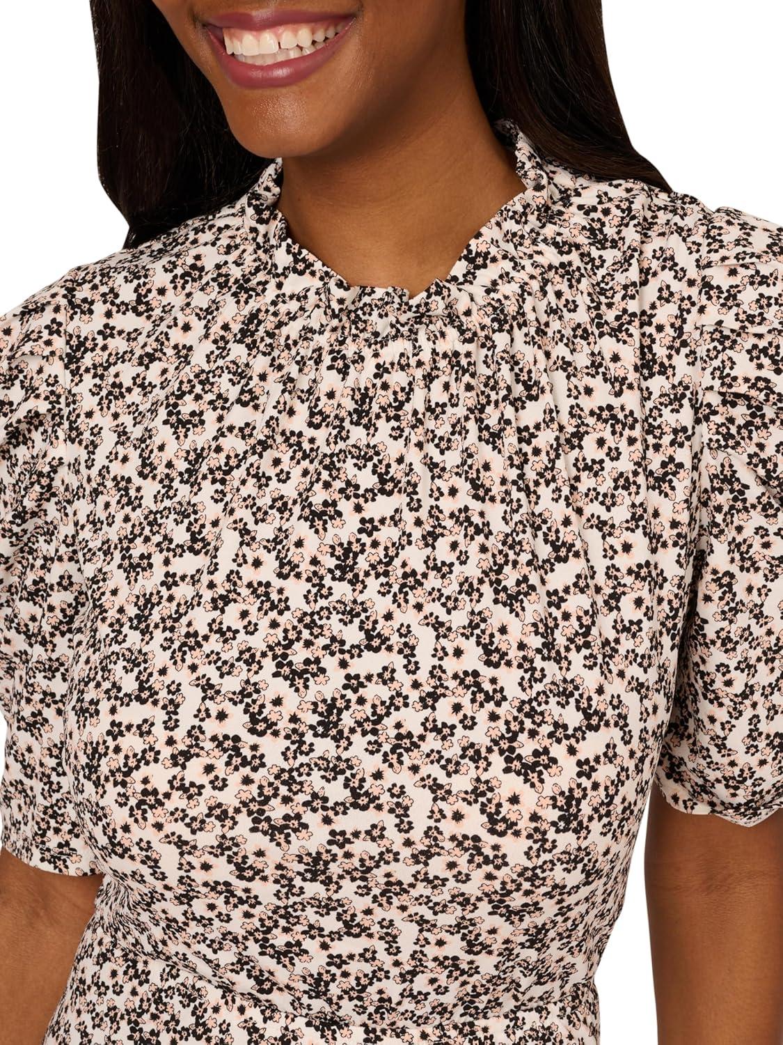 image:imageAdrianna Papell Womens Ruffle Neck Short Sleeve DressBlack