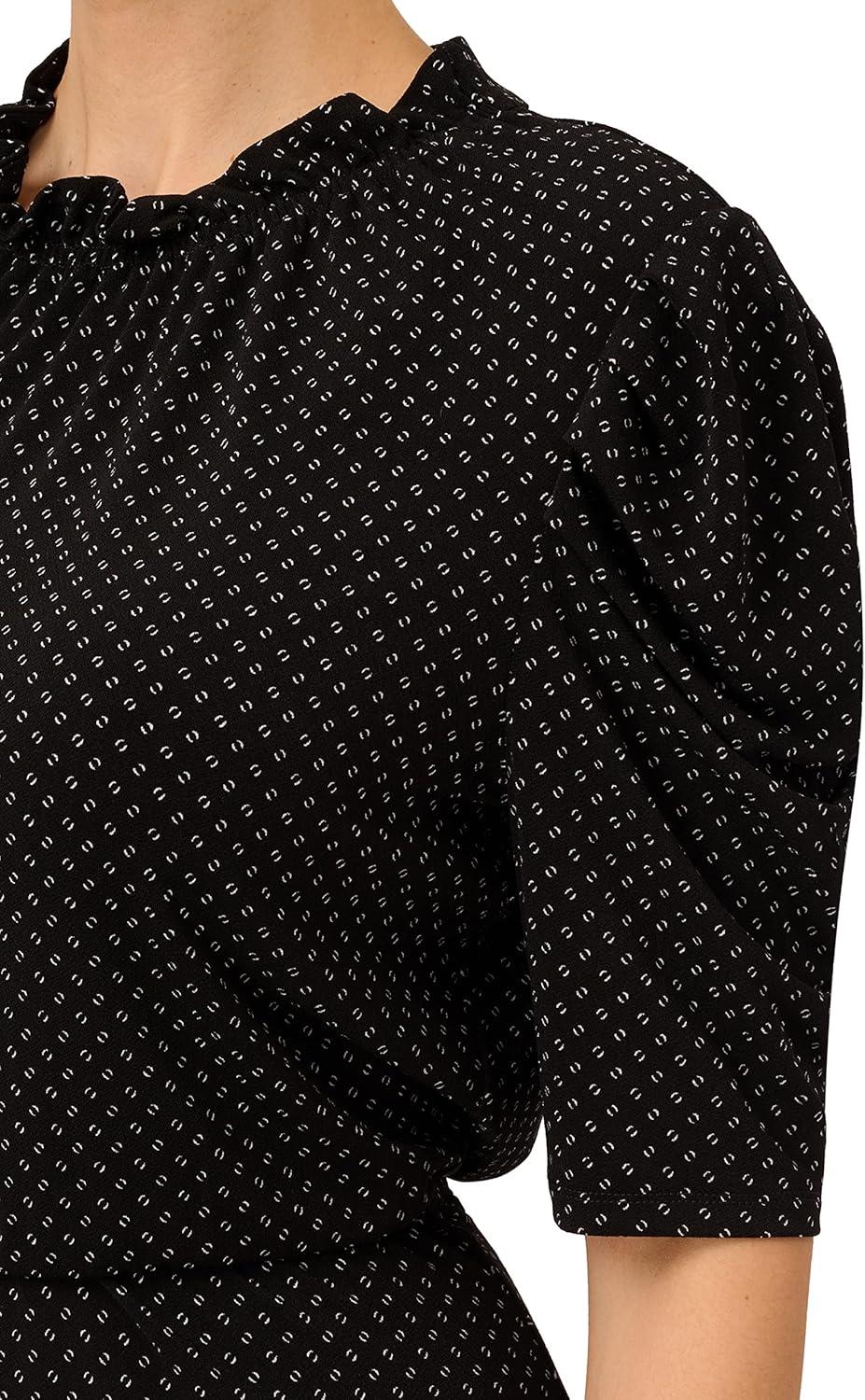 image:imageAdrianna Papell Womens Ruffle Neck Short Sleeve DressBlackIvory Outline Dot