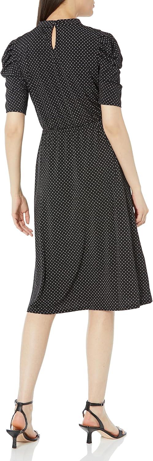 image:imageAdrianna Papell Womens Ruffle Neck Short Sleeve DressBlackIvory Outline Dot