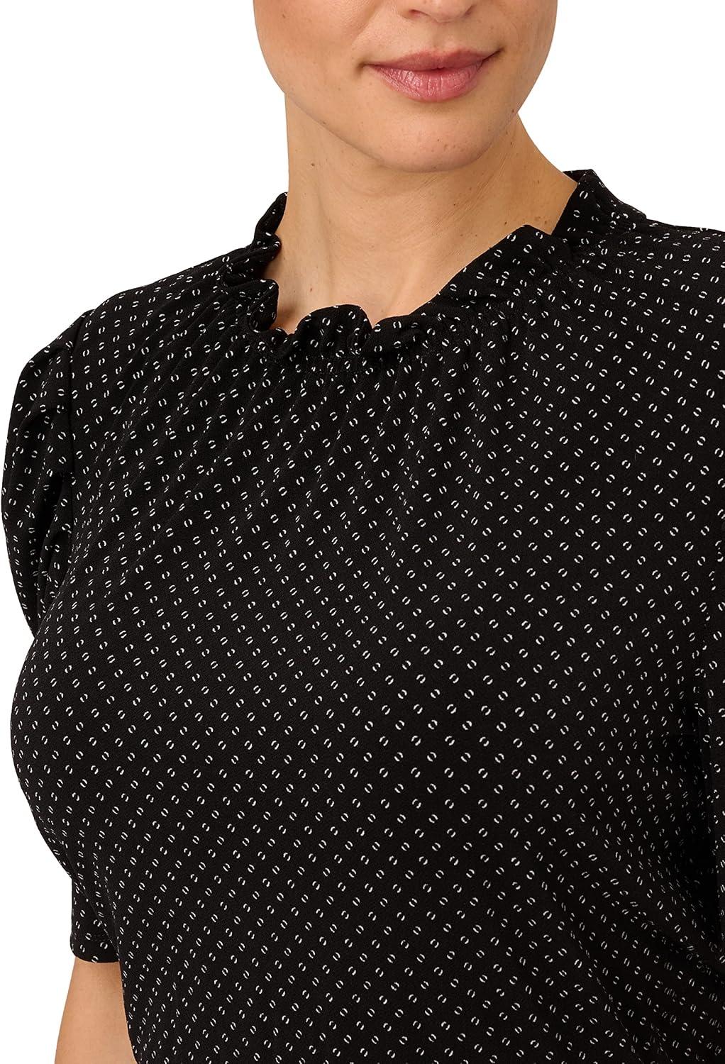 image:imageAdrianna Papell Womens Ruffle Neck Short Sleeve DressBlackIvory Outline Dot