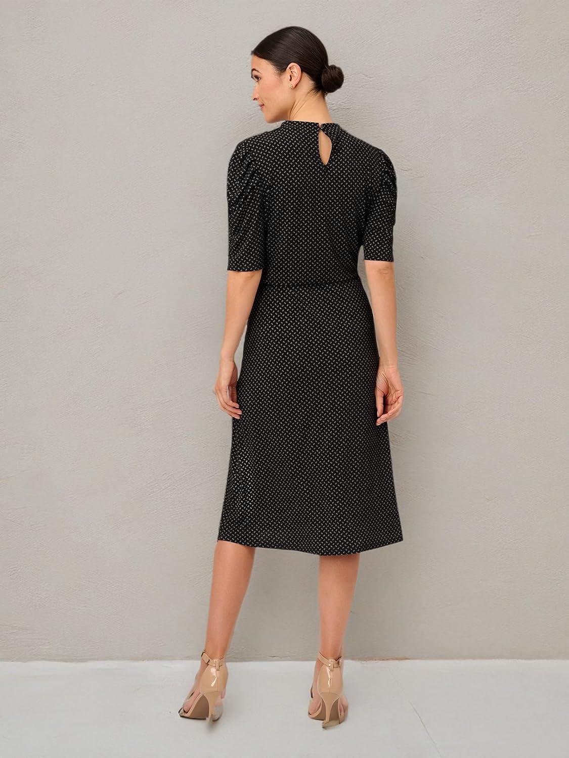 image:imageAdrianna Papell Womens Ruffle Neck Short Sleeve DressBlackIvory Outline Dot