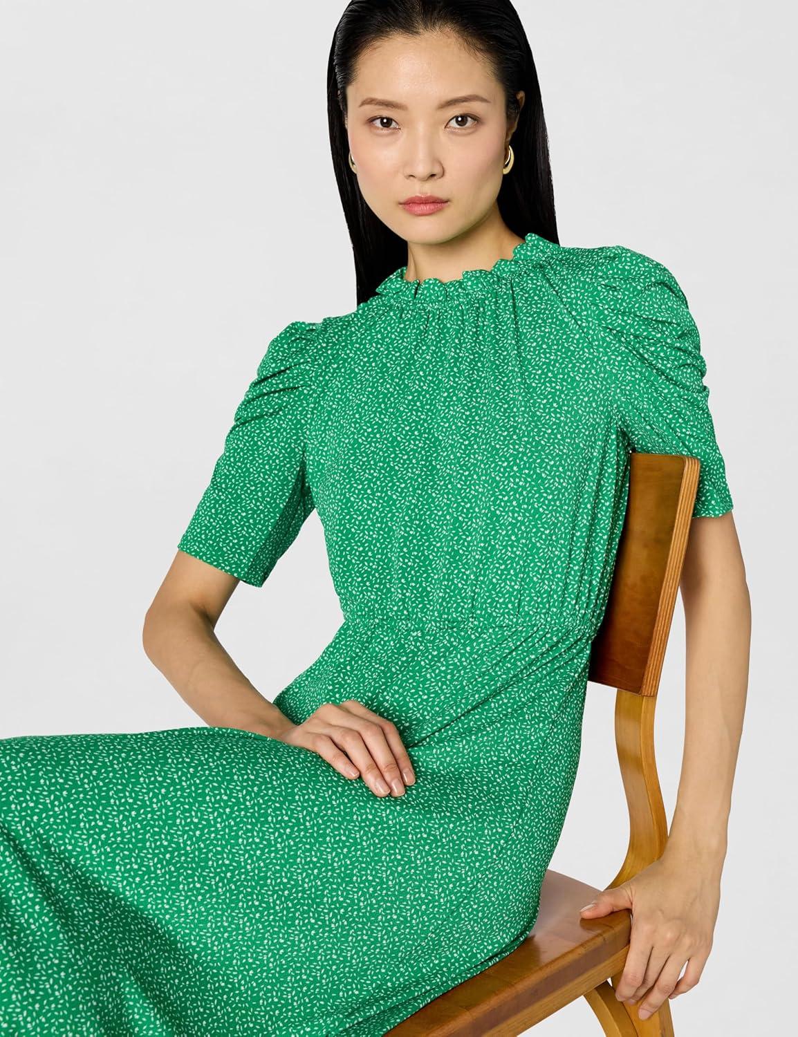 image:imageAdrianna Papell Womens Ruffle Neck Short Sleeve DressEmerald Scattered Leaf