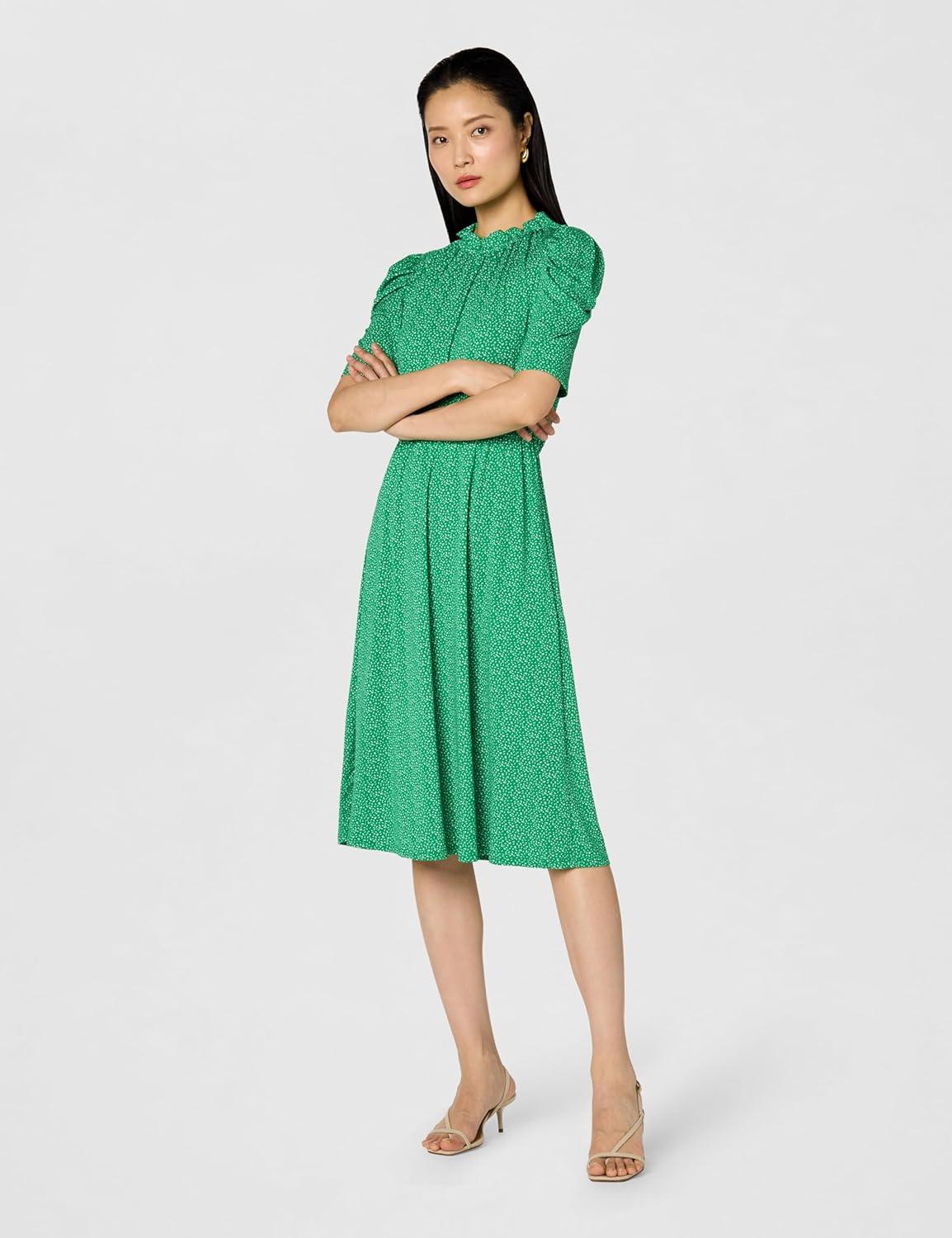 image:imageAdrianna Papell Womens Ruffle Neck Short Sleeve DressEmerald Scattered Leaf
