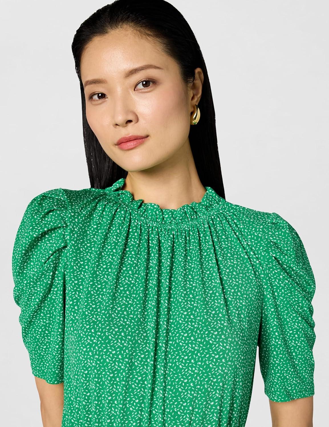 image:imageAdrianna Papell Womens Ruffle Neck Short Sleeve DressEmerald Scattered Leaf