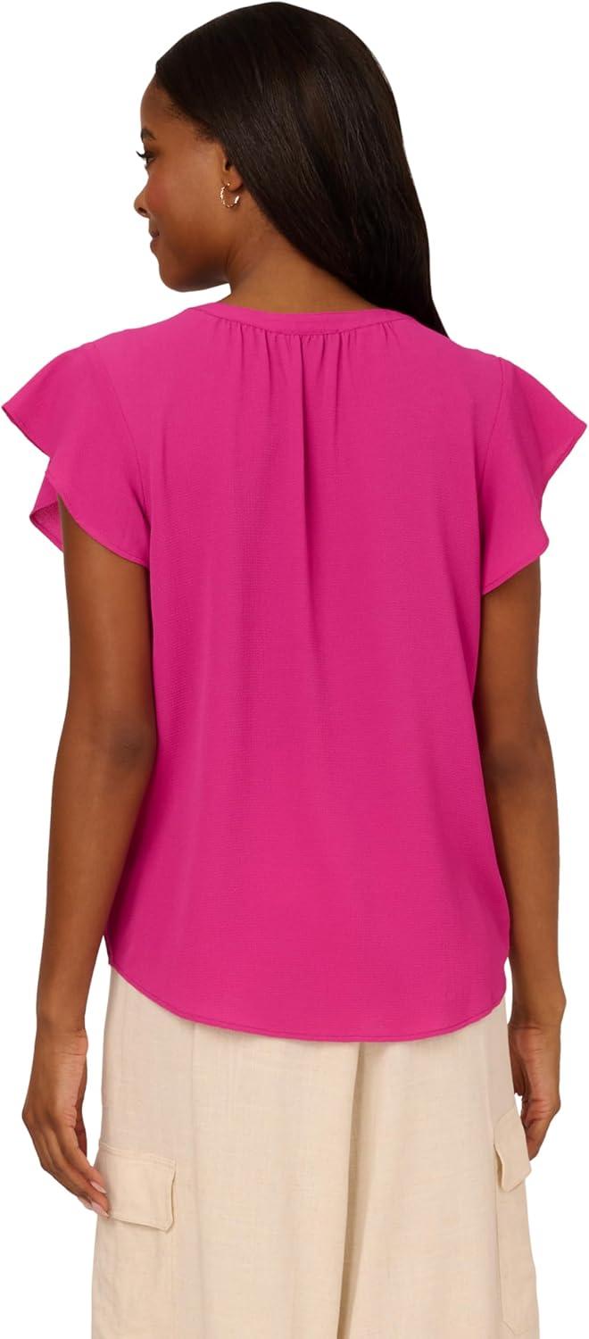 image:imageAdrianna Papell Womens Solid Short Ruffle Sleeve Popover BlouseTropical Fuchsia