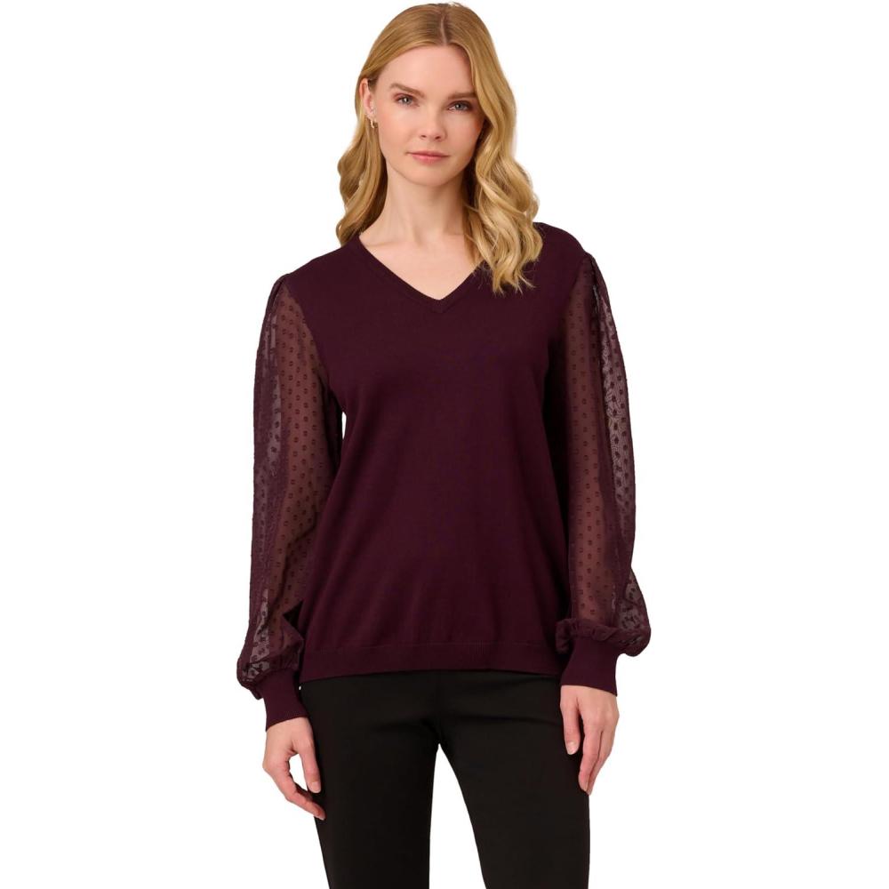 image:imageAdrianna Papell Womens Clip Dot Long Sleeve SweaterPlum