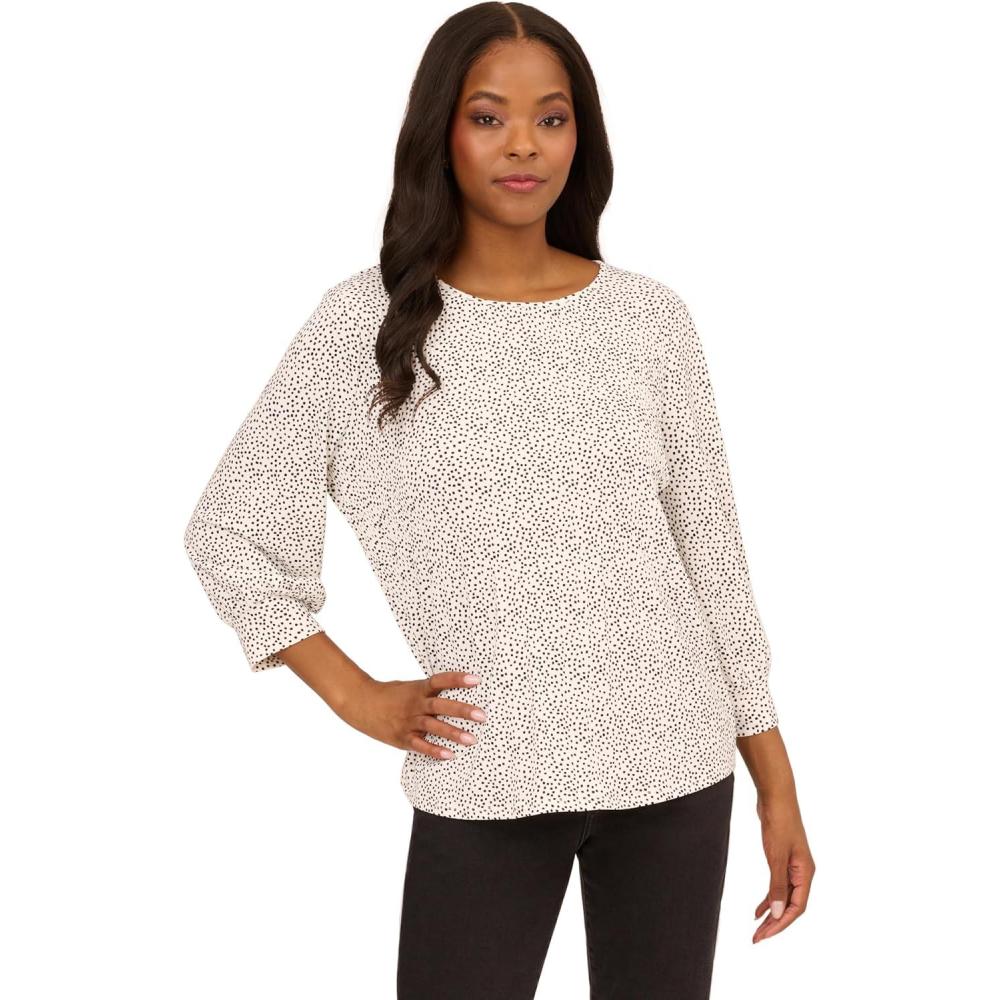 image:imageAdrianna Papell Womens Print Knit Pleated Trapeze TopIvoryBlack Confetti