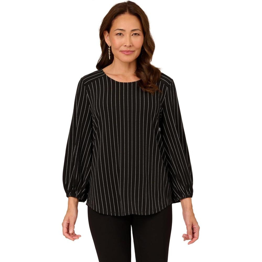 image:imageAdrianna Papell Womens Printed 34 Sleeve Yoke Detail TopBlackIvory Vertical Pinstripe
